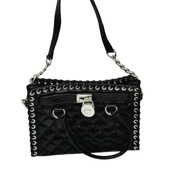 Michael Kors Hamilton Hippie Grommet Quilted Tote Black & Silver 12.5 x 9 - Picture 1 of 12